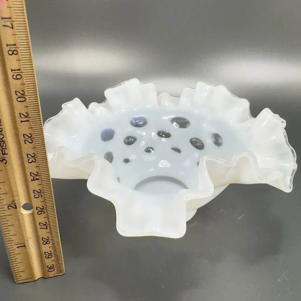 Fenton White Opalescent‎ Clear Coin Dot Ruffled Edge Glass Bowl Dish Vintage